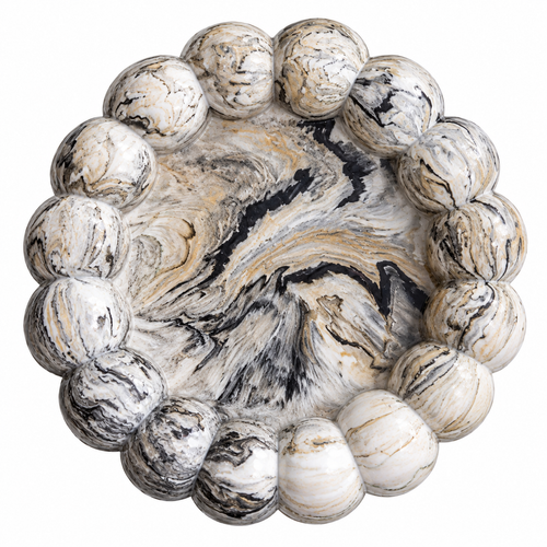 A round decorative tray with a scalloped edge made of polished marble-like spheres, featuring a swirling marbled pattern in cream, beige, black, and gray.