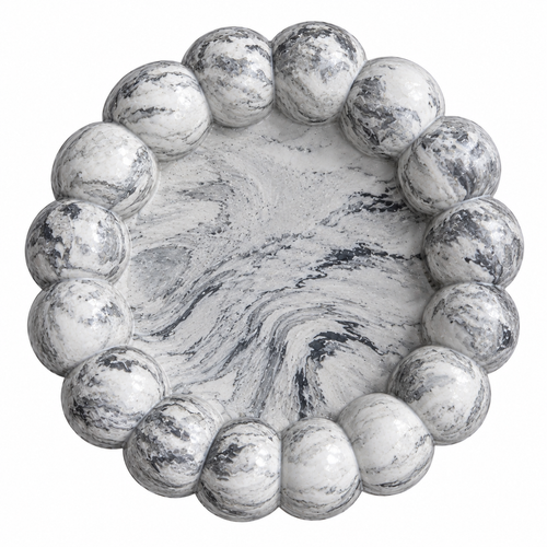 A round decorative tray made of white and gray marbled stone, featuring a raised scalloped border of rounded segments around the edge, shown from a top-down view on a white background.